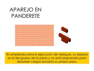 APAREJO EN PANDERETE Es empleado para la ejecución de tabiques, su espesor es el del grueso de la pieza y no está preparado para absorber cargas excepto su propio peso. 
