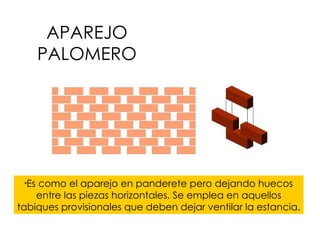 APAREJO PALOMERO Es como el aparejo en panderete pero dejando huecos entre las piezas horizontales. Se emplea en aquellos tabiques provisionales que deben dejar ventilar la estancia. 