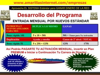 Aprovecha EL SISTEMA Estándar para GANAR DINERO DE LA RED Así Podrás PAGARTE TU ACTIVACIÓN MENSUAL, invertir en Plan PREMIUM e Iniciar a Continuación Tu Carrera de Director… Promueve tu web de afiliado y presenta el plan personalmente Patrocina 5 afiliados cada Mes que se Activen Como Estándar,  DUPLICA LO MISMO ENTRADA MENSUAL POR NUEVOS ESTÁNDAR Desarrollo del Programa PATROCINA 5 NUEVOS AFILIADOS CADA MES DUPLICA LO MISMO GANAS  Bono rápido 10$ 5 x 10 = 50$ 50$ +  Tienes para Tu Activación Duplicación Ayuda y enseña Ganas de 2º nivel / TOTAL Bono rápido 5$ 5 x 25$ = 125$ 125$  /  175$ 