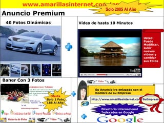 Vídeo de hasta 10 Minutos  Baner Con 3 Fotos Su Anuncio ira enlazado con el Nombre de su Empresa Usted Puede Modificar, subir nuevos vídeos y cambiar sus Fotos http://www.amarillasinternet.com/SuEmpresa Directorio internacional Indexados en Google Oferta Solo 1 Foto,  18S Al Año  Solo 200$ Al Año Anuncio Premium 40 Fotos Dinámicas 
