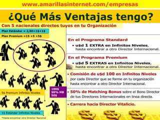 ¿Qué Más Ventajas tengo? Plan Estándar = 2,50+1$+1$ 100$ 50% MB 50$ 5$ Premium Infinitos Niveles   1$ Estándar Infinitos Niveles Con 5 nacionales directos tuyos en tu Organización Plan Premium =15 +5 +5$ *Hasta encontrar otro Director Nacional 