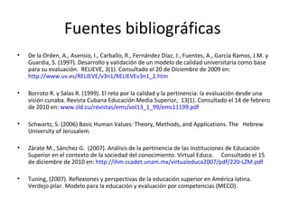 Fuentes bibliográficas  De la Orden, A., Asensio, I., Carballo, R., Fernández Díaz, J., Fuentes, A., García Ramos, J.M. y Guardia, S. (1997). Desarrollo y validación de un modelo de calidad universitaria como base para su evaluación.  RELIEVE, 3(1). Consultado el 20 de Diciembre de 2009 en:  http://www.uv.es/RELIEVE/v3n1/RELIEVEv3n1_2.htm Borroto R. y Salas R. (1999). El reto por la calidad y la pertinencia: la evaluación desde una visión cunaba. Revista Cubana Educación Media Superior,  13(1). Consultado el 14 de febrero de 2010 en:  www.sld.cu/revistas/ems/vol13_1_99/ems11199.pdf Schwartz, S. (2006) Basic Human Values: Theory, Methods, and Applications.  The  Hebrew University of Jerusalem. Zárate M., Sánchez G.  (2007). Análisis de la pertinencia de las Instituciones de Educación Superior en el contexto de la sociedad del conocimiento. Virtual Educa.  Consultado el 15 de diciembre de 2010 en:  http://ihm.ccadet.unam.mx/virtualeduca2007/pdf/220-LZM.pdf Tuning, (2007).  Reflexiones y perspectivas de la educación superior en América latina. Verdejo pilar. Modelo para la educación y evaluación por competencias (MECO). 