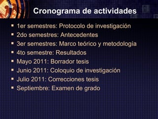 Cronograma de actividades
   1er semestres: Protocolo de investigación
   2do semestres: Antecedentes
   3er semestres: Marco teórico y metodología
   4to semestre: Resultados
   Mayo 2011: Borrador tesis
   Junio 2011: Coloquio de investigación
   Julio 2011: Correcciones tesis
   Septiembre: Examen de grado
 