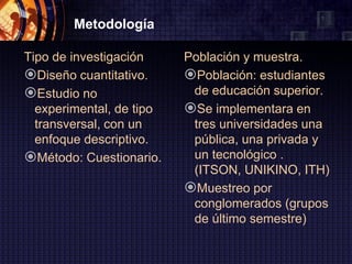 Metodología

Tipo de investigación     Población y muestra.
Diseño cuantitativo.     Población: estudiantes
Estudio no                de educación superior.
  experimental, de tipo   Se implementara en
  transversal, con un      tres universidades una
  enfoque descriptivo.     pública, una privada y
Método: Cuestionario.     un tecnológico .
                           (ITSON, UNIKINO, ITH)
                          Muestreo por
                           conglomerados (grupos
                           de último semestre)
 