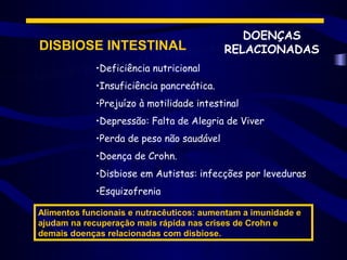 DOENÇAS
DISBIOSE INTESTINAL                        RELACIONADAS
             •Deficiência nutricional
             •Insuficiência pancreática.
             •Prejuízo à motilidade intestinal
             •Depressão: Falta de Alegria de Viver
             •Perda de peso não saudável
             •Doença de Crohn.
             •Disbiose em Autistas: infecções por leveduras
             •Esquizofrenia

Alimentos funcionais e nutracêuticos: aumentam a imunidade e
ajudam na recuperação mais rápida nas crises de Crohn e
demais doenças relacionadas com disbiose.
 