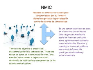 NMIC
Requiere de artefactos tecnológicos
caracterizados por su formato
digital que potencia la participación
activa de actores de comunicación
Es una comunicación que se basa
en la construcción de redes.
Constituyen una mediación
social en la que se articulan
tanto opiniones institucionales
como individuales. Pluraliza y
complejiza la comunicación en
materia de información,
participación ciudadana y
entretenimiento
Tienen como objetivo la producción
descentralizada de la comunicación. Tiene una
noción de actor de la comunicación como “pro-
sumidor” que expresa la importancia del
desarrollo de habilidades y competencias de los
actores comunicativos.
 