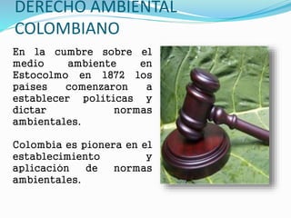DERECHO AMBIENTAL
COLOMBIANO
En la cumbre sobre el
medio ambiente en
Estocolmo en 1872 los
países comenzaron a
establecer políticas y
dictar normas
ambientales.
Colombia es pionera en el
establecimiento y
aplicación de normas
ambientales.
 