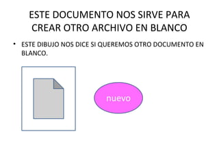 ESTE DOCUMENTO NOS SIRVE PARA
     CREAR OTRO ARCHIVO EN BLANCO
• ESTE DIBUJO NOS DICE SI QUEREMOS OTRO DOCUMENTO EN
  BLANCO.
 