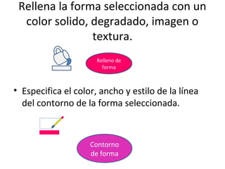 Rellena la forma seleccionada con un
  color solido, degradado, imagen o
                textura.
                      Relleno de
                        forma



• Especifica el color, ancho y estilo de la línea
  del contorno de la forma seleccionada.



                    Contorno
                    de forma
 