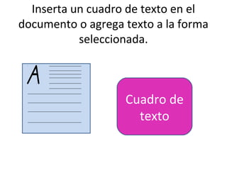 Inserta un cuadro de texto en el
documento o agrega texto a la forma
           seleccionada.



                   Cuadro de
                     texto
 