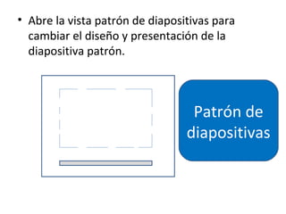• Abre la vista patrón de diapositivas para
  cambiar el diseño y presentación de la
  diapositiva patrón.



                                  Patrón de
                                 diapositivas
 