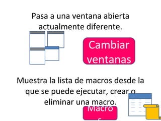 Pasa a una ventana abierta
      actualmente diferente.

                   Cambiar
                   ventanas
Muestra la lista de macros desde la
 que se puede ejecutar, crear o
      eliminar una macro.
                   Macro
 