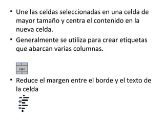 • Une las celdas seleccionadas en una celda de
  mayor tamaño y centra el contenido en la
  nueva celda.
• Generalmente se utiliza para crear etiquetas
  que abarcan varias columnas.

   +a+

• Reduce el margen entre el borde y el texto de
  la celda
 