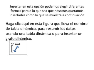 Insertar en esta opción podemos elegir diferentes
   formas para o lo que sea que nosotros queramos
  insertarles como lo que se muestra a continuación

Haga clic aquí en esta figura que lleva el nombre
de tabla dinámica, para resumir los datos
usando una tabla dinámica o para insertar un
grafo dinámico.
 