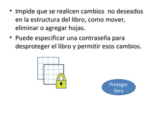 • Impide que se realicen cambios no deseados
  en la estructura del libro, como mover,
  eliminar o agregar hojas.
• Puede especificar una contraseña para
  desproteger el libro y permitir esos cambios.




                                   Proteger
                                     libro
 