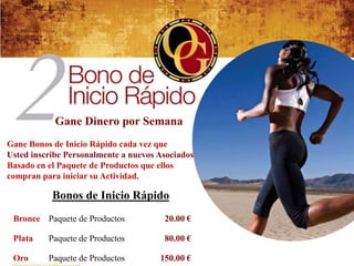 Gane Dinero por Semana
Gane Bonos de Inicio Rápido cada vez que
Usted inscribe Personalmente a nuevos Asociados
Basado en el Paquete de Productos que ellos
compran para iniciar su Actividad.

           Bonos de Inicio Rápido
 Bronce Paquete de Productos           20.00 €

 Plata    Paquete de Productos         80.00 €

 Oro      Paquete de Productos        150.00 €
 