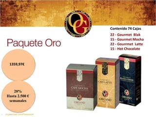Contenido 74 Cajas
                22 - Gourmet Blak
                15 - Gourmet Mocha
                22 - Gourrmet Latte
                15 - Hot Chocolate


 1359,97€




    20%
Hasta 2.500 €
 semanales
 