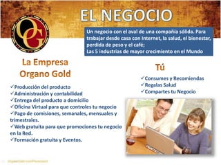 Un negocio con el aval de una compañía sólida. Para
                               trabajar desde casa con Internet, la salud, el bienestar,
                               perdida de peso y el café;
                               Las 5 industrias de mayor crecimiento en el Mundo



                                                       Consumes y Recomiendas
Producción del producto                               Regalas Salud
Administración y contabilidad                         Compartes tu Negocio
Entrega del producto a domicilio
Oficina Virtual para que controles tu negocio
Pago de comisiones, semanales, mensuales y
trimestrales.
Web gratuita para que promociones tu negocio
en la Red.
Formación gratuita y Eventos.
 