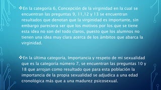 En la categoría 6, Concepción de la virginidad en la cual se
encuentran las preguntas 9, 11,12 y 13 se encuentran
resultados que denotan que la virginidad es importante, sin
embargo pareciera ser que los motivos por los que se tiene
esta idea no son del todo claros, puesto que los alumnos no
tienen una idea muy clara acerca de los ámbitos que abarca la
virginidad.
En la última categoría, Importancia y respeto de mi sexualidad
que es la categoría número 7, se encuentran las preguntas 10 y
18 que arrojan como resultado que para esta población la
importancia de la propia sexualidad se adjudica a una edad
cronológica más que a una madurez psicosexual.
 