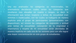 Una vez analizadas las categorías ya mencionadas, las
orientadoras decidieron cuales serian las categorías que
resultaron mas elevadas en cuanto a riesgos, es decir la
información que tenían respecto a temas de sexualidad eran
mínimas e inadecuadas, con las cuales se trabajaría de manera
explicita ante el grupo de participantes (presentaciones con
diapositivas), así mismo las categorías de expresión y actitud
ante temas de sexualidad, concepción de la virginidad e
importancia y respeto de mi sexualidad serán abordadas de
manera implícita en cada una de las sesiones para con ello lograr
una mayor concientización en este grupo de estudiantes.
 