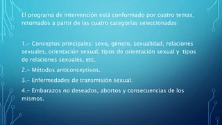 El programa de intervención está conformado por cuatro temas,
retomados a partir de las cuatro categorías seleccionadas:
1.- Conceptos principales: sexo, género, sexualidad, relaciones
sexuales, orientación sexual, tipos de orientación sexual y tipos
de relaciones sexuales, etc.
2.- Métodos anticonceptivos.
3.- Enfermedades de transmisión sexual.
4.- Embarazos no deseados, abortos y consecuencias de los
mismos.
 