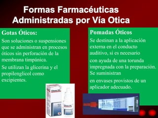 Gotas Óticos:                    Pomadas Óticos
Son soluciones o suspensiones    Se destinan a la aplicación
que se administran en procesos   externa en el conducto
óticos sin perforación de la     auditivo, si es necesario
membrana timpánica.              con ayuda de una torunda
Se utilizan la glicerina y el    impregnada con la preparación.
propilenglicol como              Se suministran
excipientes.                     en envases provistos de un
                                 aplicador adecuado.
 