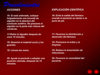 Procedimientos
 ACCIONES                              EXPLICACIÓN CIENTÍFICA

 16- Si está ordenado, coloque         16- Evita la salida del fármaco
 holgadamente una torunda de           cuando el paciente se sienta o se
 algodón en la abertura del            pone de pie.
 conducto auditivo. No presione el
 algodón en la parte más interna del
 conducto.

 17-Retire el algodón después de       17- Favorece la distribución y
 unos 15 minutos.                      absorción del fármaco.

 18- Deseche el material sucio y los   18- Promueve el orden y la
 guantes.                              limpieza.

 19- Lávese las mano.                  19- Reduce la transmisión de
                                       infecciones .

 20- Ayude al paciente a adoptar una   20- Favorece la comodidad del
 posición cómoda, después de 15        paciente.
 minutos.
 