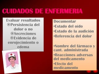 CUIDADOS DE ENFERMERIA
 Evaluar resultados   Documentar
 Persistencia del    •Estado del oído
     dolor o no
                      •Estado de la audición
   Secreciones
   Evidencia de      •Referencia del dolor
  enrojecimiento o
       edema          •Nombre del fármaco y
                      cant. administrada
                      •Reacciones adversas
                      del medicamento
                      •Efecto del
                      medicamento
 