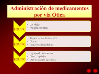 Administración de medicamentos
         por vía Ótica
          • bandeja
          • medicamentos
 EQUIPO

        • Tarjeta de medicamentos
        • Gotero
 EQUIPO • Pañuelos desechables

        • Equipo de aseo ótico.
        • Gasa o apósito
 EQUIPO • Deposito para desechos
 