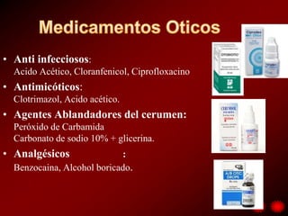 • Anti infecciosos:
  Acido Acético, Cloranfenicol, Ciprofloxacino
• Antimicóticos:
  Clotrimazol, Acido acético.
• Agentes Ablandadores del cerumen:
  Peróxido de Carbamida
  Carbonato de sodio 10% + glicerina.
• Analgésicos               :
  Benzocaina, Alcohol boricado.
 