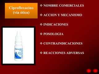  NOMBRE COMERCIALES
Ciprofloxacino
  (vía ótica)
                  ACCION Y MECANISMO

                  INDICACIONES

                  POSOLOGIA

                  CONTRAINDICACIONES

                  REACCIONES ADVERSAS
 
