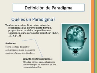 Definición de Paradigma

      Qué es un Paradigma?
“Realizaciones científicas universalmente
   reconocidas que durante cierto tiempo,
   proporcionan modelos de problemas y
   soluciones a una comunidad científica” (Kuhn,
   1973, p.13)

Realización
Forma acertada de resolver
problemas que sirven luego como
modelos a futuros investigadores

                  Conjunto de valores compartidos
                  Métodos, normas y generalizaciones
                  compartidas por los miembros de una
                  comunidad científica.
 