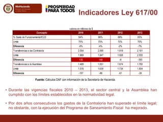 Indicadores Ley 617/00 
valores en millones de $ 
Concepto 2010 2011 2012 2013 
% Gasto de Funcionamiento/ICLD 64% 66% 68% 63% 
Límite 70% 70% 70% 70% 
Diferencia -6% -4% -2% -7% 
Transferencias a las Contraloría 2.004 2.095 1.918 2.161 
Límite 1.869 1.947 1.926 2.555 
Diferencia 135 148 -8 -393 
Transferencias a la Asamblea 1.469 1.551 1.674 1.765 
Límite 1.576 1.639 1.734 1.804 
Diferencia -107 -88 -61 -39 
Fuente: Cálculos DAF con información de la Secretaría de Hacienda. 
• Durante las vigencias fiscales 2010 – 2013, el sector central y la Asamblea han 
cumplido con los límites establecidos en la normatividad legal. 
• Por dos años consecutivos los gastos de la Contraloría han superado el límite legal; 
no obstante, con la ejecución del Programa de Saneamiento Fiscal ha mejorado. 
 