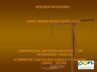 RESUMEN PATRIMONIO
DORIS YAZMIN REYES CASTELLANOS
2010
LIBANO - TOLIMA
VI SEMESTRE CONTADURIA PUBLICA Y FINANZAS
PATRIMONIO Y PASIVOS
CORPORACION UNIFICADA NACIONAL “CUN”
 
