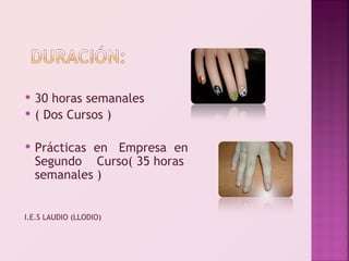  30 horas semanales
 ( Dos Cursos )



   Prácticas en Empresa en
    Segundo Curso( 35 horas
    semanales )


I.E.S LAUDIO (LLODIO)
 