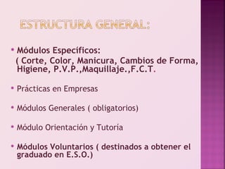    Módulos Específicos:
    ( Corte, Color, Manicura, Cambios de Forma,
    Higiene, P.V.P.,Maquillaje.,F.C.T.

   Prácticas en Empresas

   Módulos Generales ( obligatorios)

   Módulo Orientación y Tutoría

   Módulos Voluntarios ( destinados a obtener el
    graduado en E.S.O.)
 