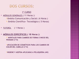 1º CURSO
   MÓDULOS GENERALES ( 11 Horas ):
      Ámbito Comunicación y Social ( 6 Horas )

       Ámbito Científico- Tecnológico ( 5 Horas)



   TUTORÍA       ( 1 Horas )

   MÓDULOS ESPECÍFICOS ( 18 Horas ):
        MONTAJES PARA CAMBIOS DE FORMA E INICIO DEL
       PEINADO (7 H)

       APLICACIÓN DE COSMÉTICOS PARA LOS CAMBIOS DE
       COLOR DEL CABELLO (7 H)

          HIGIENE Y ASEPSIA APLICADAS A PELUQUERIA (4H)
 