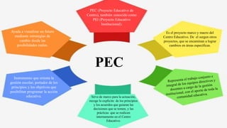 Es el proyecto marco y macro del
Centro Educativo. De el surgen otros
proyectos, que se encaminan a lograr
cambios en áreas específicas.
Ayuda a visualizar un futuro
mediante estrategias de
cambio desde las
posibilidades reales.
PEC (Proyecto Educativo de
Centro), también conocido como
PEI (Proyecto Educativo
Institucional).
Instrumento que orienta la
gestión escolar; portador de los
principios y los objetivos que
posibilitan programar la acción
educativa. Sirve de marco para la actuación,
recoge lo explícito de los principios
y los acuerdos que guiaran las
decisiones que se tomen, y las
prácticas que se realicen
internamente en el Centro
Educativo.
PEC
 