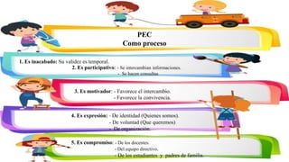 1. Es inacabado: Su validez es temporal.
2. Es participativo: - Se intercambian informaciones.
- Se hacen consultas
3. Es motivador: - Favorece el intercambio.
- Favorece la convivencia.
4. Es expresión: - De identidad (Quienes somos).
- De voluntad (Que queremos)
- De organización.
5. Es compromiso: - De los docentes.
- Del equipo directivo.
- De los estudiantes y padres de familia.
PEC
Como proceso
 