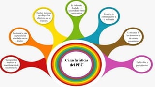 Características
del PEC
Siempre lleva
implícita la
manifestación de
una intención.
Involucra la idea
de prevención
vinculada con un
diseño.
Declara los pasos
para lograr los
objetivos que se
proponen.
Es elaborado,
diseñado y
ejecutado de forma
participativa
Propicia la
comunicación y
la reflexión
Es receptor de
las demandas de
su entorno
comunitario.
Es flexible y
participativo.
 