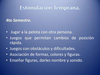 4to Semestre.
• Jugar a la pelota con otra persona.
• Juegos que permitan cambios de posición
rápida.
• Juegos con obstáculos y dificultades.
• Asociación de formas, colores y figuras.
• Enseñar figuras, darles nombre y sonido.
 