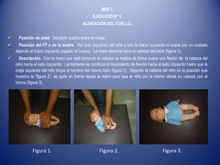 MES 1.
EJERCICIO Nº 1.
ALINEACIÓN DEL CUELLO.
 Posición de bebé. Decúbito supino sobre la mesa.
 Posición del FT o de la madre. Del lado izquierdo del niño y con la mano izquierda lo sujeta por un costado
dejando el brazo izquierdo pegado al cuerpo. La mano derecha toma la cabeza del bebé (figura 1).
 Descripción. Con la mano que está tomando la cabeza se realiza de forma suave una flexión de la cabeza del
niño hacia el lado izquierdo. Lentamente se continúa el movimiento de flexión hacia el lado izquierdo hasta que la
oreja izquierda del niño toque el hombro del mismo lado (figura 2). Dejando la cabeza del niño en la posición que
muestra la "figura 2", se quita en forma rápida la mano para que el niño por si mismo alineé su cabeza con el
tronco (figura 3).
Figura 1. Figura 2. Figura 3.
 