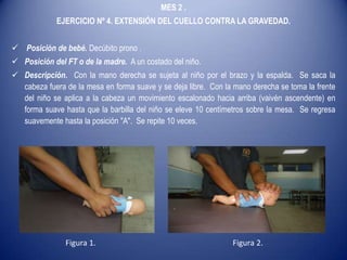 MES 2 .
EJERCICIO Nº 4. EXTENSIÓN DEL CUELLO CONTRA LA GRAVEDAD.
 Posición de bebé. Decúbito prono .
 Posición del FT o de la madre. A un costado del niño.
 Descripción. Con la mano derecha se sujeta al niño por el brazo y la espalda. Se saca la
cabeza fuera de la mesa en forma suave y se deja libre. Con la mano derecha se toma la frente
del niño se aplica a la cabeza un movimiento escalonado hacia arriba (vaivén ascendente) en
forma suave hasta que la barbilla del niño se eleve 10 centímetros sobre la mesa. Se regresa
suavemente hasta la posición "A". Se repite 10 veces.
Figura 1. Figura 2.
 