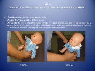 MES 8.
EJERCICIO Nº 19. SEDESTACIÓIN INDUCIDA POR CADERAS DESDE POSICIÓN BOCA ARRIBA.
 Posición de bebé. Decúbito supino sobre la camilla.
 Posición del FT o de la madre. De frente al niño.
 Descripción. Se pone el niño con las rodillas dobladas al borde de la camilla y se toma con las dos manos por la
cadera. Se gira al niño por su lado izquierdo estimulando que apoye la mano izquierda sobre la mesa (figura 1).
Se estimula que termine de sentarse por si solo. Se repite 5 veces de cada lado.
Figura 1. Figura 2.
 