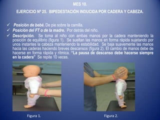 MES 10.
EJERCICIO Nº 25. BIPEDESTACIÓN INDUCIDA POR CADERA Y CABEZA.
 Posición de bebé. De pie sobre la camilla.
 Posición del FT o de la madre. Por detrás del niño.
 Descripción. Se toma al niño con ambas manos por la cadera manteniendo la
posición de equilibrio (figura 1). Se sueltan las manos en forma rápida sujetando por
unos instantes la cabeza manteniendo la estabilidad. Se baja suavemente las manos
hacia las caderas haciendo breves descansos (figura 2). El cambio de manos debe de
hacerse en forma rápida y rítmica. “La pausa de descanso debe hacerse siempre
en la cadera” Se repite 10 veces.
Figura 1. Figura 2.
 
