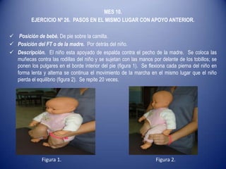 MES 10.
EJERCICIO Nº 26. PASOS EN EL MISMO LUGAR CON APOYO ANTERIOR.
 Posición de bebé. De pie sobre la camilla.
 Posición del FT o de la madre. Por detrás del niño.
 Descripción. El niño esta apoyado de espalda contra el pecho de la madre. Se coloca las
muñecas contra las rodillas del niño y se sujetan con las manos por delante de los tobillos; se
ponen los pulgares en el borde interior del pie (figura 1). Se flexiona cada pierna del niño en
forma lenta y alterna se continua el movimiento de la marcha en el mismo lugar que el niño
pierda el equilibrio (figura 2). Se repite 20 veces.
Figura 1. Figura 2.
 