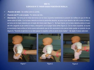 MES 10.
EJERCICIO Nº 27. PARAR DESDE POSICIÓN DE RODILLA.
 Posición de bebé. De rodillas sobre la camilla.
 Posición del FT o de la madre. Por detrás del niño.
 Descripción. Se toma por la mitad del tronco con la mano izquierda manteniendo la posición de rodillas sin que el niño se
sienta sobre el tobillo. Con la mano derecha se toma la pantorrilla derecha, se pone el pie derecho del niño contra la mesa y
se toma con la mano derecha por el muslo del mismo lado (figura 1). Se hace fuerza con la mano derecha sobre el muslo
del niño cargando el pie contra la mesa y empujando con el pulgar hacia arriba (figura 2). Con la mano izquierda, se ayuda
el movimiento hacia arriba en forma suave estimulando que el niño acomode la otra pierna hasta quedar en posición de pie
(figura 3). “Durante el ejercicio no se debe apoyar la espalda contra el pecho de la madre.” Se repite 5 veces cada lado
Figura 1 Figura 2 Figura 3
 