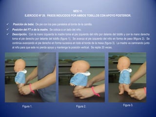 MES 11.
EJERCICIO Nº 29. PASOS INDUCIDOS POR AMBOS TOBILLOS CON APOYO POSTERIOR.
 Posición de bebé. De pie con los pies paralelos al borde de la camilla.
 Posición del FT o de la madre. Se coloca a un lado del niño.
 Descripción. Con la mano izquierda la madre toma el pie izquierdo del niño por delante del tobillo y con la mano derecha
toma el pie derecho por delante del tobillo (figura 1). Se avanza el pie izquierdo del niño en forma de paso 8figura 2). Se
continúa avanzando el pie derecho en forma sucesiva en todo el borde de la mesa (figura 3). La madre va caminando junto
al niño para que este no pierda apoyo y mantenga la posición vertical. Se repite 20 veces.
Figura 1. Figura 2. Figura 3.
 