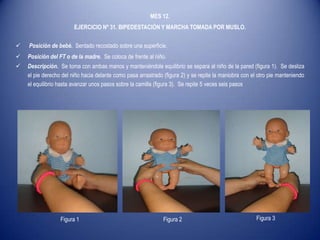 MES 12.
EJERCICIO Nº 31. BIPEDESTACIÓN Y MARCHA TOMADA POR MUSLO.
 Posición de bebé. Sentado recostado sobre una superficie.
 Posición del FT o de la madre. Se coloca de frente al niño.
 Descripción. Se toma con ambas manos y manteniéndole equilibrio se separa al niño de la pared (figura 1). Se desliza
el pie derecho del niño hacia delante como pasa arrastrado (figura 2) y se repite la maniobra con el otro pie manteniendo
el equilibrio hasta avanzar unos pasos sobre la camilla (figura 3). Se repite 5 veces seis pasos
Figura 1 Figura 2 Figura 3
 