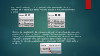 Para mover una capa con el apuntador del mouse seleccione el
nombre de la capa que desea mover y deslice el mouse hacia abajo
o arriba
Control de visualización de fotograma es una franja vertical de color rosa
ubicado en la línea de tiempo correspondiente al área donde se ubican
los fotogramas en tiempo de diseño de la animación. Se utiliza ubicando el
apuntador del ratón en la parte superior del control donde están los
números de posición y arrastrando el apuntador del ratón hacia atrás o
adelante.
 